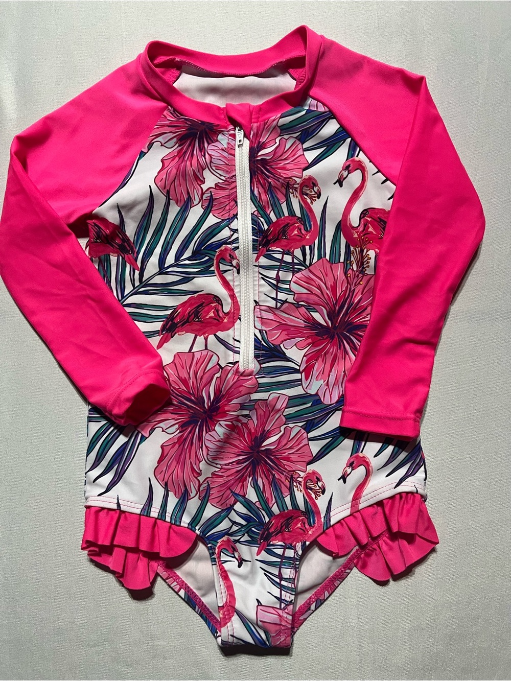 Girls' 18-24M Hot Pink Ruffle Floral Flamingo Long-Sleeve One-Piece Swimsuit